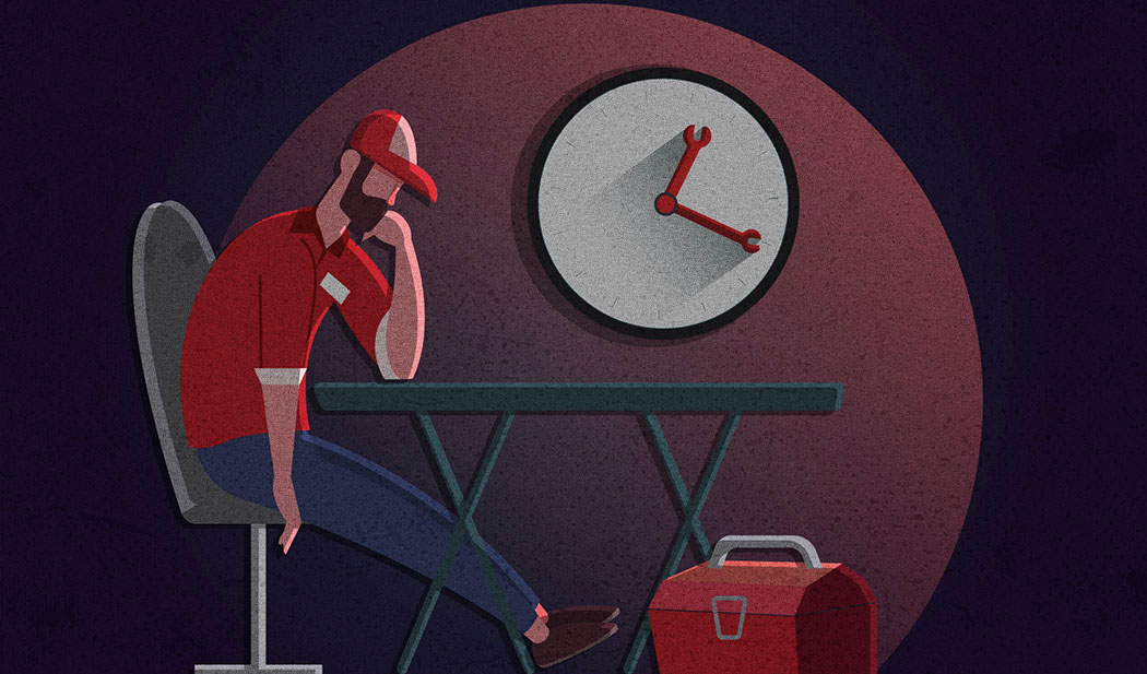 image of a man sitting next to a clock - Service Order Management